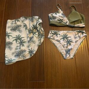 3 Piece Bikini & Sarong Skirt Wrap - Green & White - Girls 14